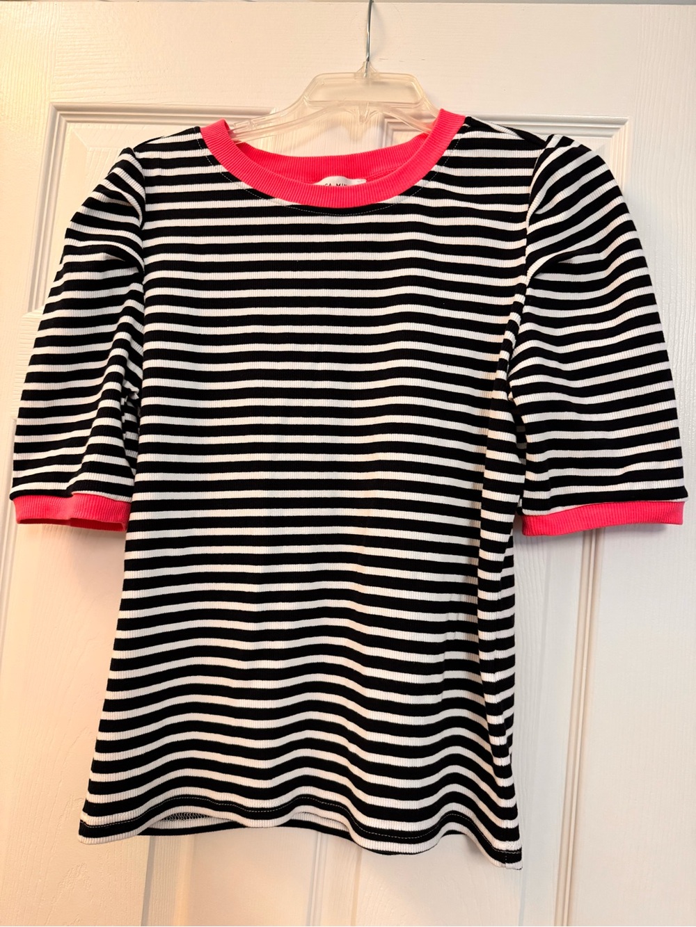 REBECCA MINKOFF.  SIZE MEDIUM. Black & white stripe ribbed top with pink edges.
